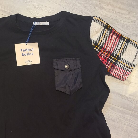 SALE New Zara black T-SHIRT with pocket TWEED short sleeves - Picture 3 of 4